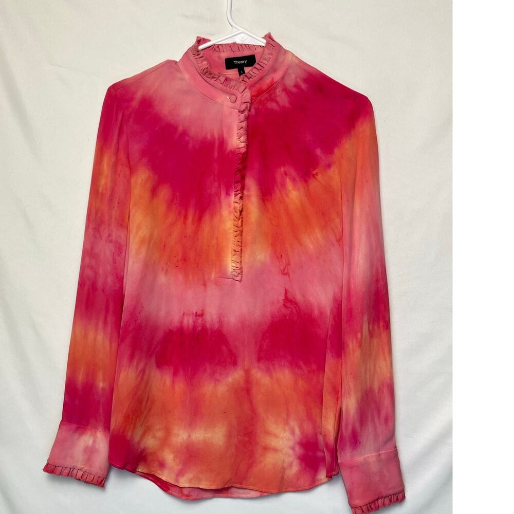 Theory Women’s Small Pink Tie Dye 100% Silk Long Sleeve Henley Blouse Luxury Top